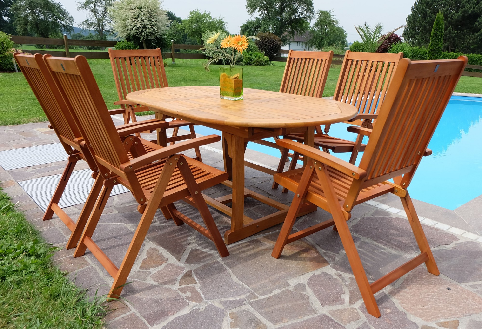 140180×100 + 6 Hochlehner 7fach verstellbar LIMA Eukalyptus wie Teak 140180×100 + 6 Hochlehner 7fach verstellbar LIMA Eukalyptus wie Teak